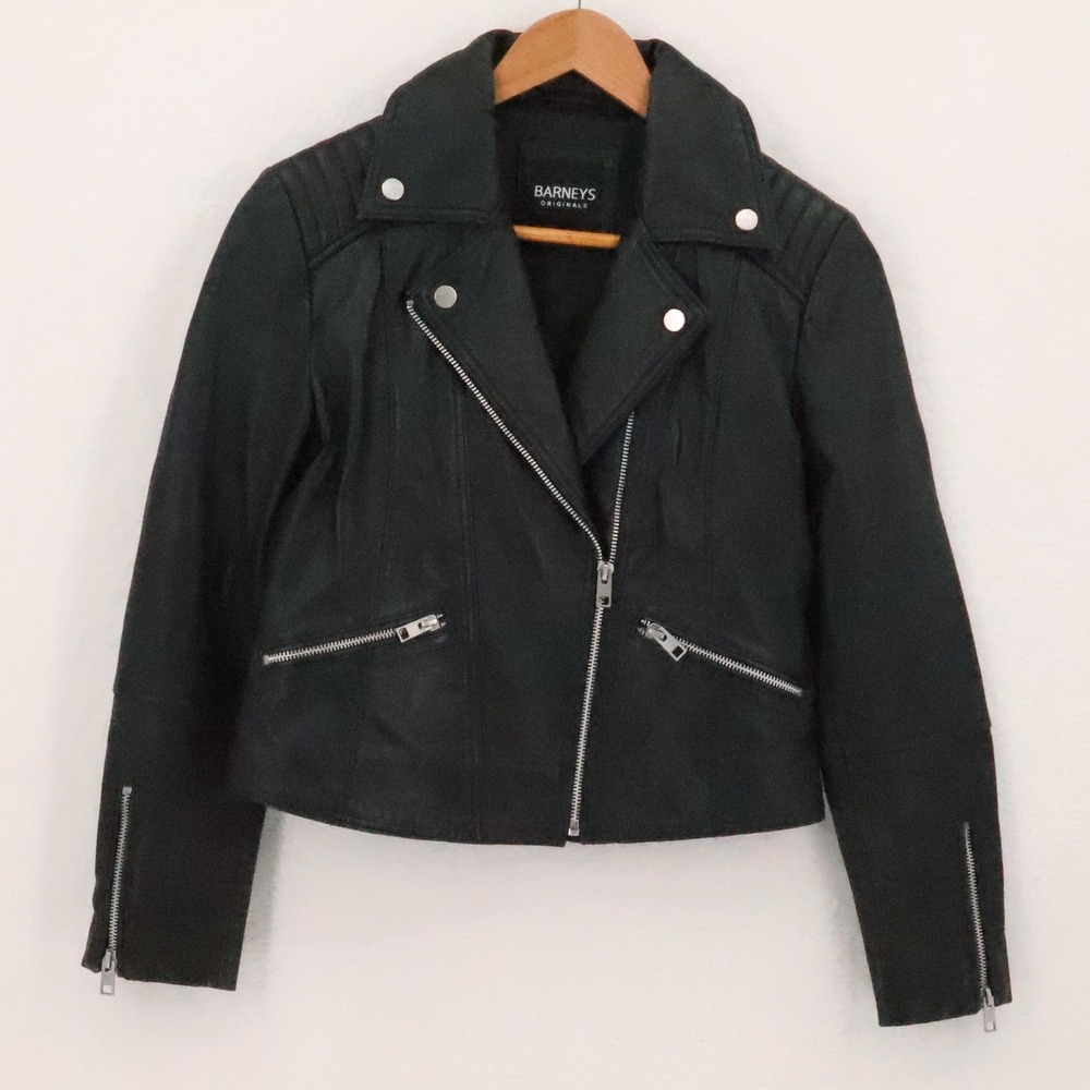 Barneys Originals Biker Moto Sheep Leather Jacket Womens Size 10 Black Pockets